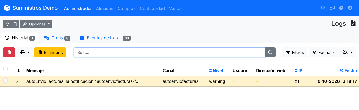 Aviso en Logs