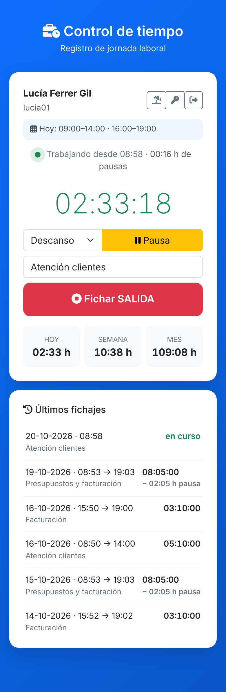 Captura: pantalla de fichaje del empleado en el móvil