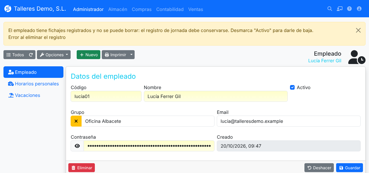 Captura: aviso al intentar borrar un empleado con fichajes