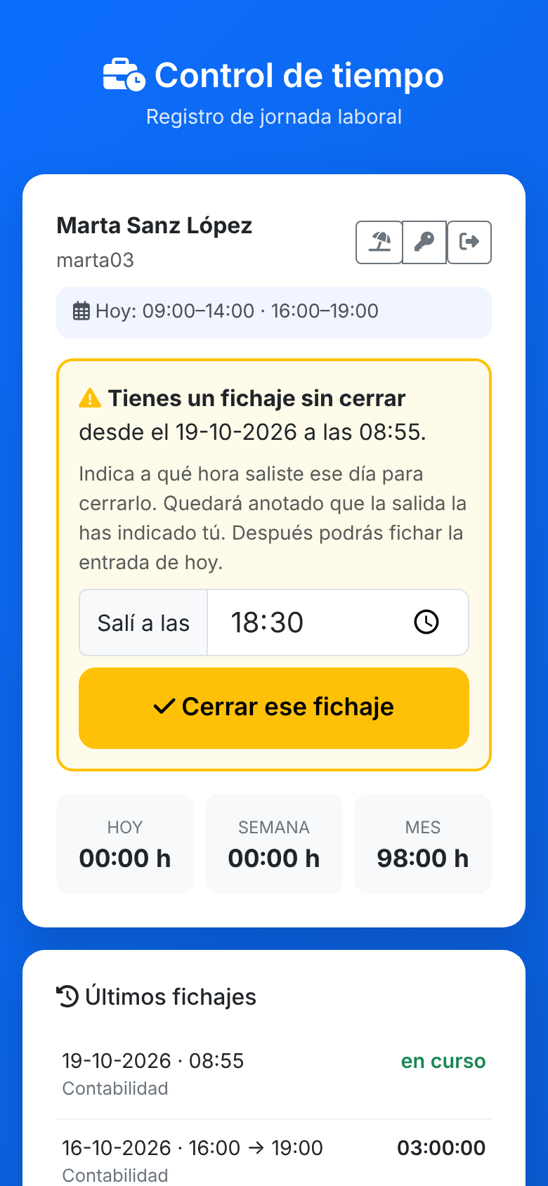 Captura: cierre de un fichaje olvidado desde el móvil