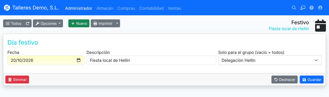 Captura: ficha de un festivo local de un grupo