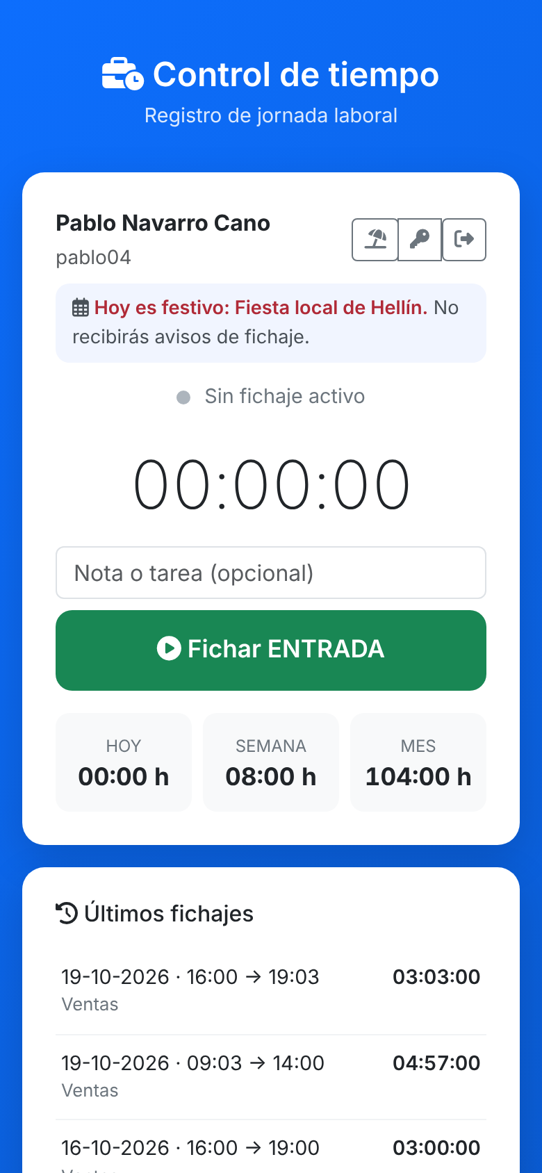 Captura: pantalla del empleado en un día festivo de su grupo