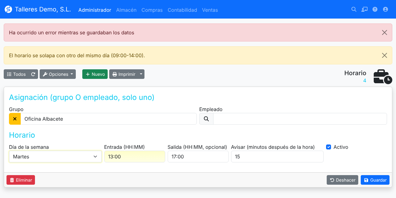 Captura: aviso al guardar un horario que se solapa con otro del mismo día