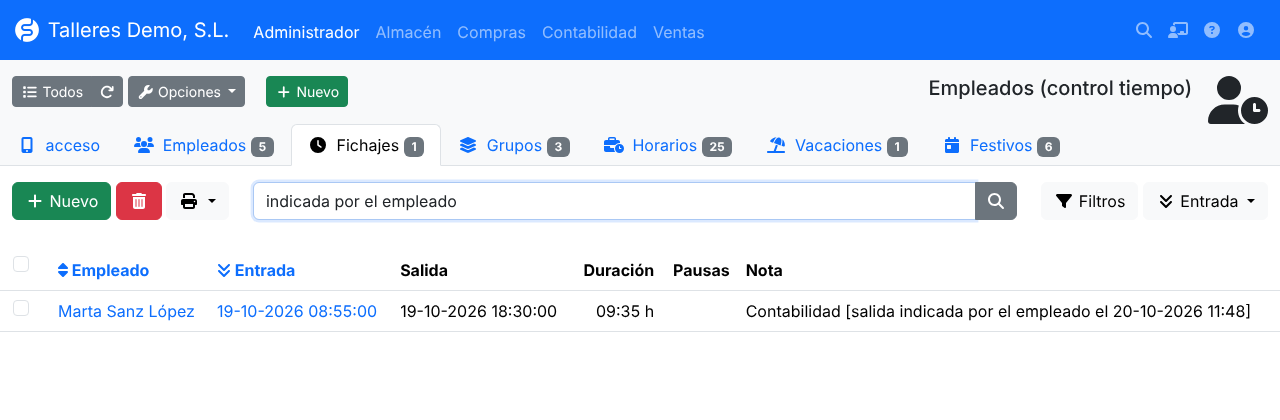 Captura: búsqueda de los fichajes cerrados por el empleado con la hora de salida indicada
