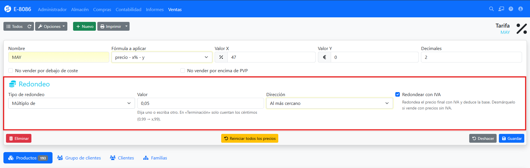 Ficha de la tarifa