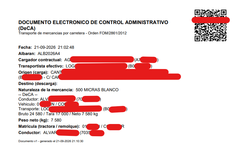 Captura: el PDF del DeCA generado, mostrando el cuadro de datos y el código QR.