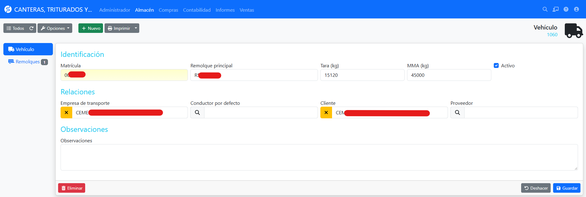 Captura: ficha de un vehículo con matrícula, remolque principal, tara, MMA, autorización especial y relaciones.