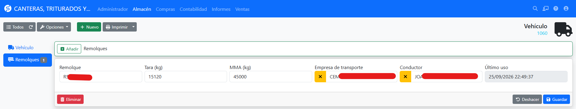 Captura: pestaña Remolques de un vehículo con varias combinaciones.