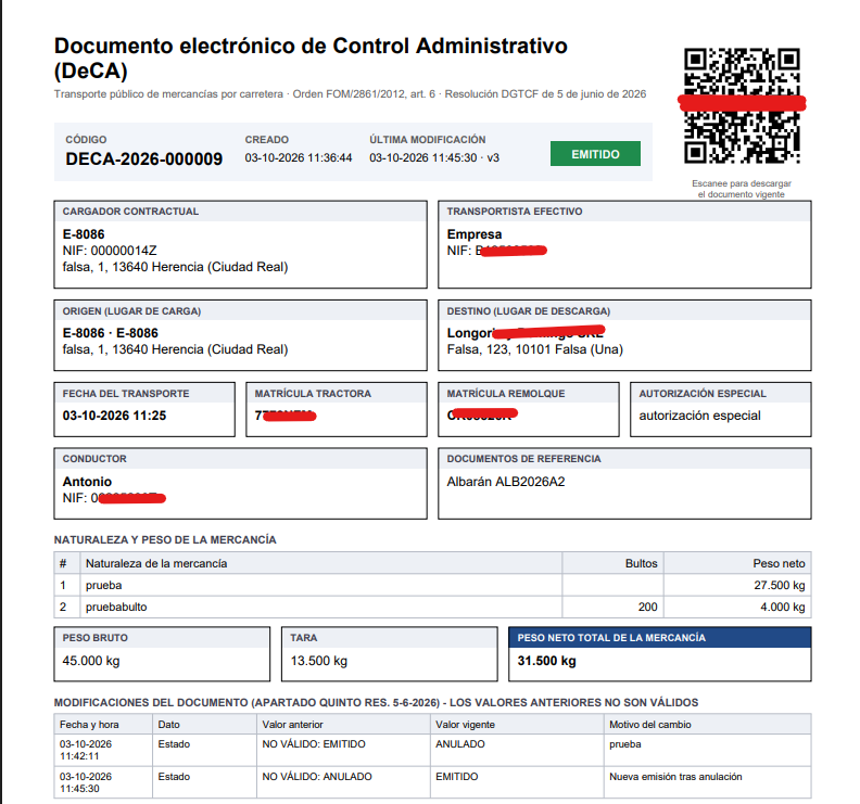 Captura: PDF de un DeCA emitido.