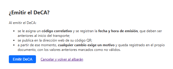 Captura: confirmación "¿Emitir el DeCA?".