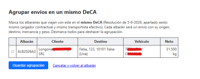 Captura: página "Agrupar envíos en un mismo DeCA".