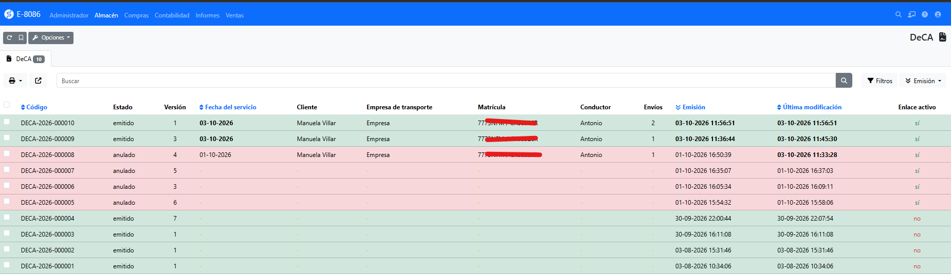 Captura: listado Almacén → DeCA.