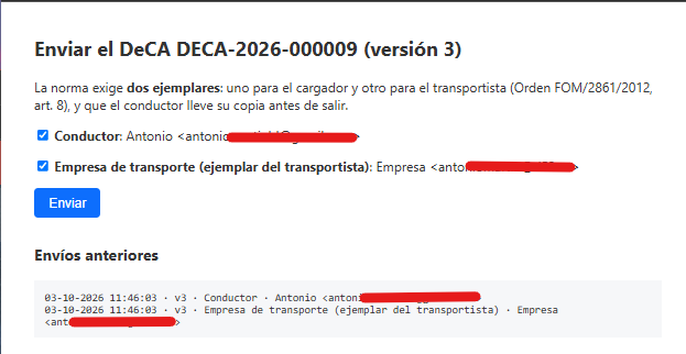 Captura: página "Enviar el DeCA" con los destinatarios y el historial.