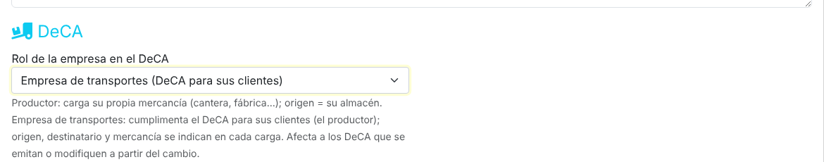 Captura: ficha de empresa con el rol "Empresa de transportes".