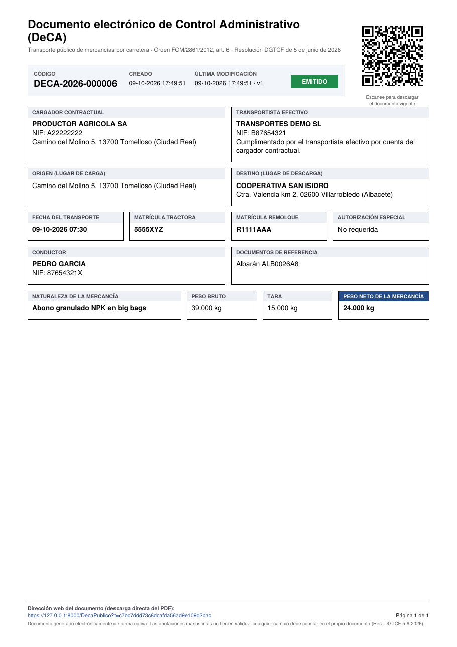 Captura: DeCA de una empresa de transportes.