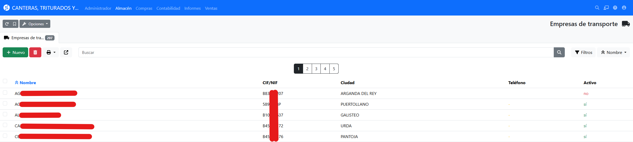 Captura: listado de Empresas de transporte.
