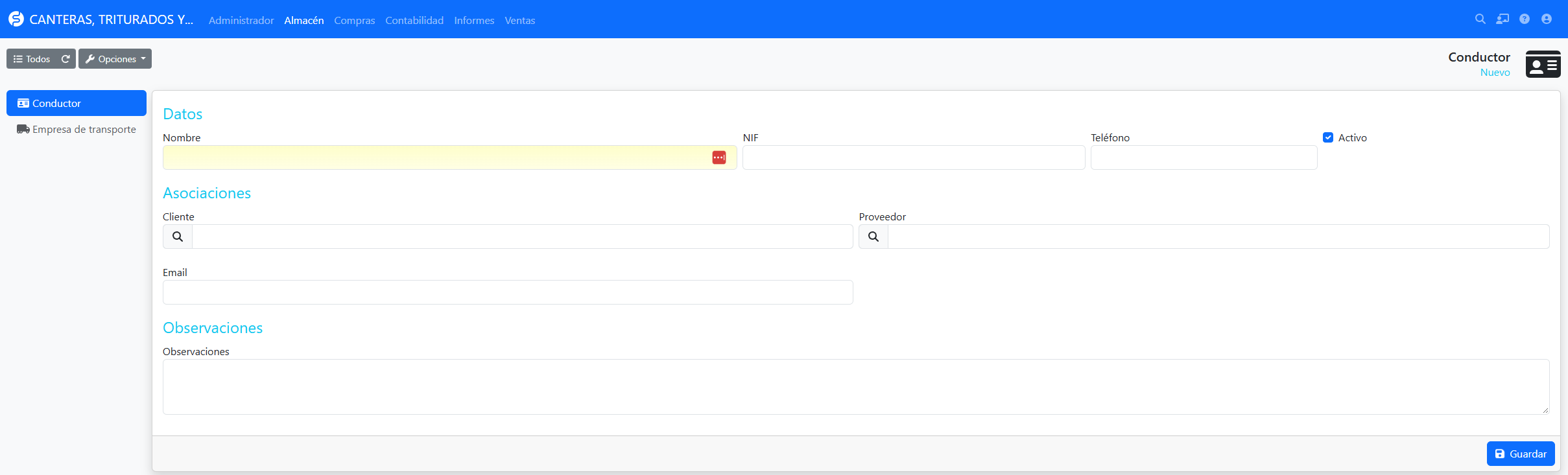 Captura: ficha de un conductor con nombre, NIF y email.